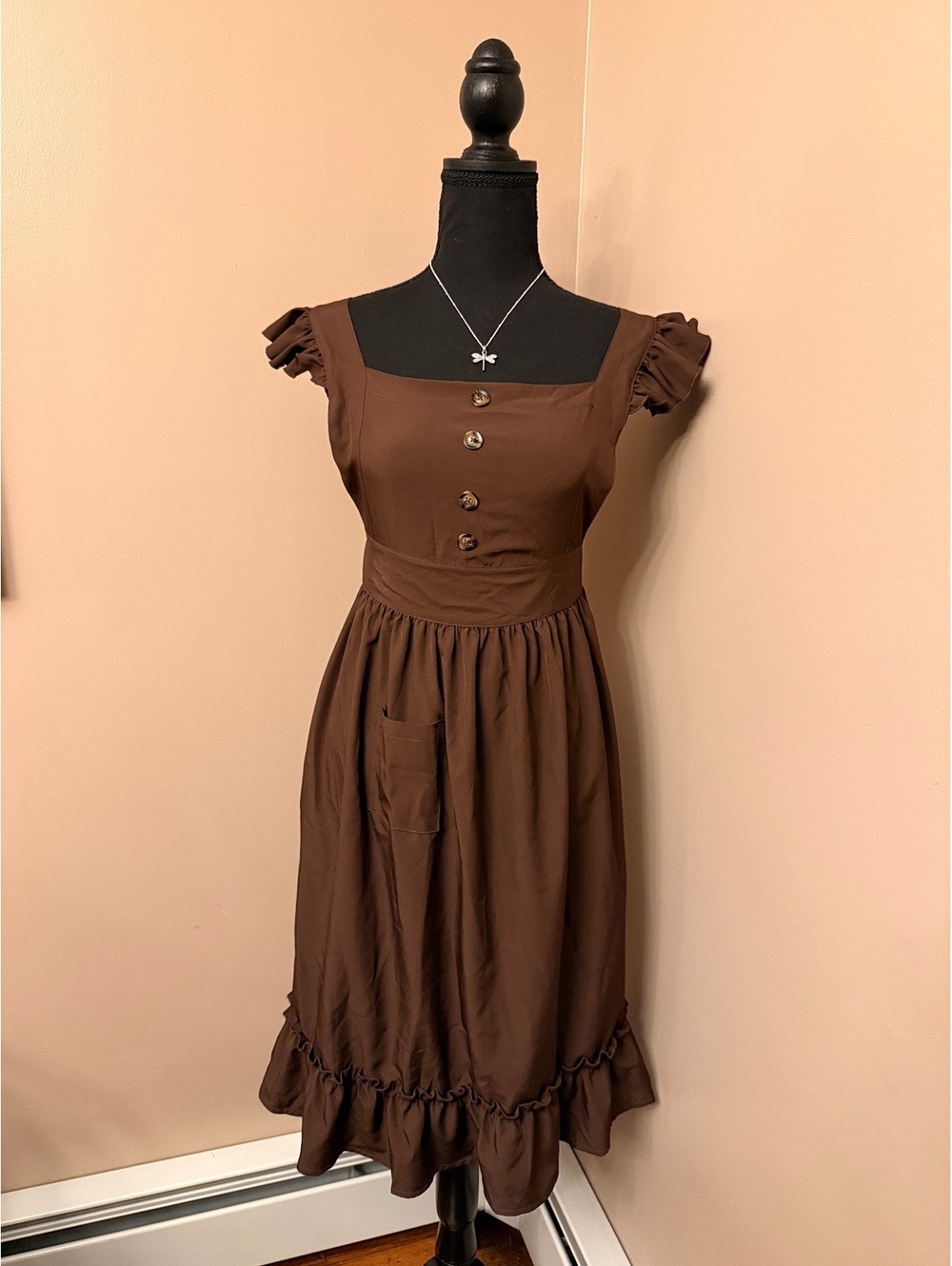 Aothso Brown Ruffle Sleeve Dress with Buttons and Tie Back, Size 11-12Y